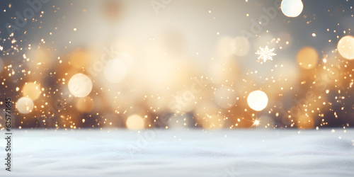 Abstract background Christmas lights in winter landscape with snow, lights bokeh blurred background, AI generate photo