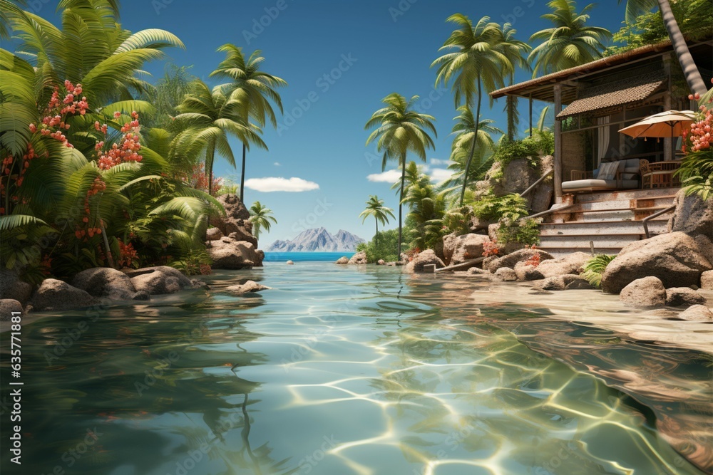 Tropical escape promotion 3D summer sale design with beach accents and pool scene Generative AI