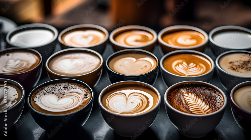 Many cups of cappuccino. Many cups of cappuccino.