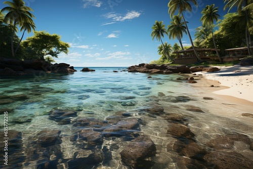 Tropical shoreline Sandy beach framed by graceful palm trees under blue skies Generative AI