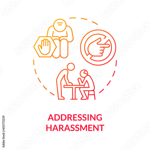 2D gradient addressing harassment thin line icon concept, isolated vector, red illustration representing unretirement.