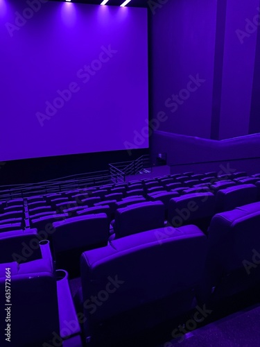 Empty cinema. Empty movie theatre. Modern movies theater for festivals and films presentation. Interior design. Online cinema concept.
