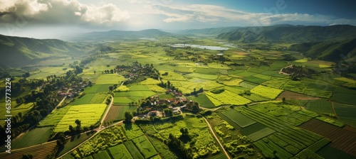 Aerial view of mountain valley agriculture landscape background. Generative AI technology.