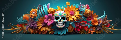 Feast of Dia de los Muertos, attributes and traditions. Banner. With Generative AI technology