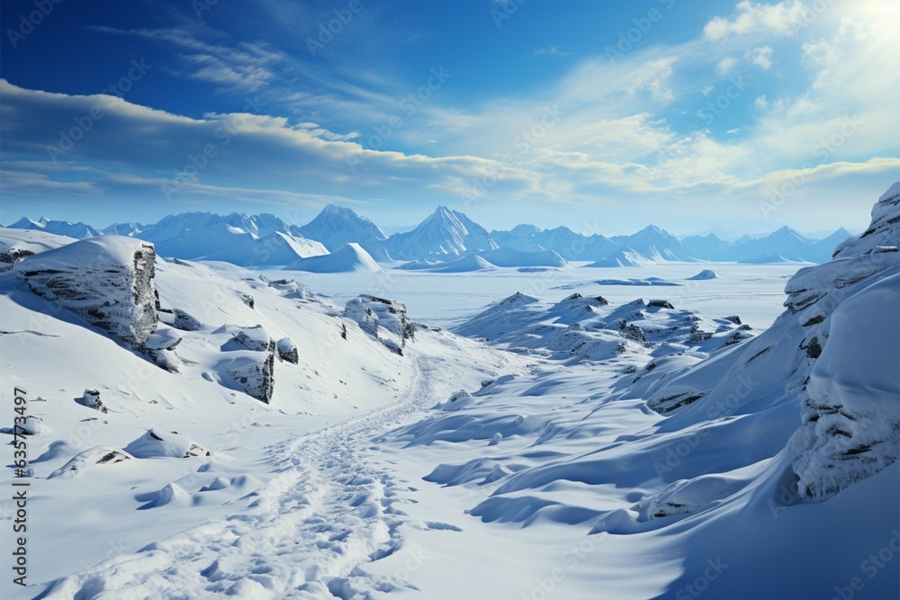 Wintry trek Footprints ascend hill as humans venture through snow covered landscape Generative AI