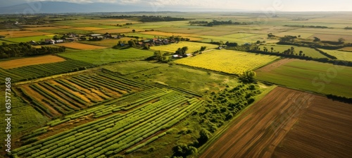 Aerial view of countryside farm filed landscape background. Agriculture industry. Generative AI technology.