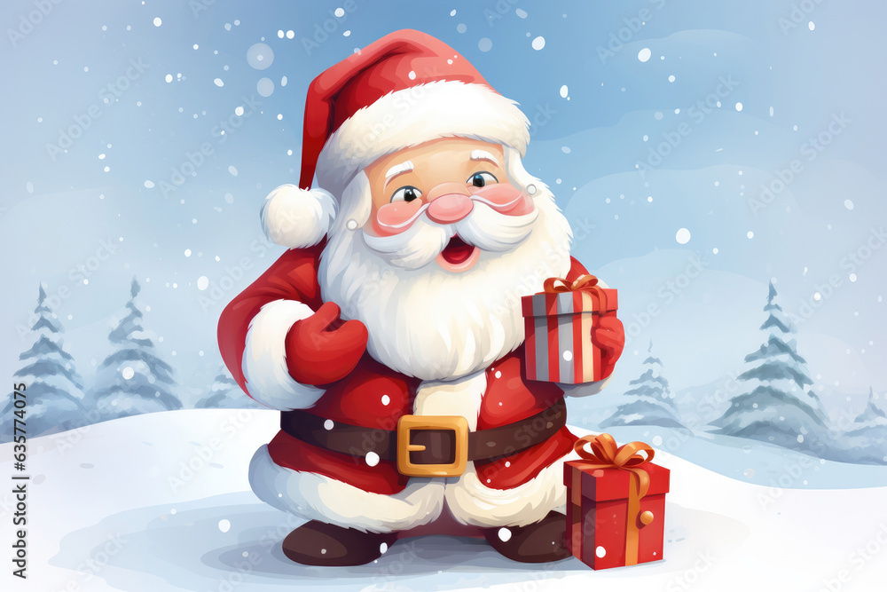 Cute and happy Santa Claus with presents