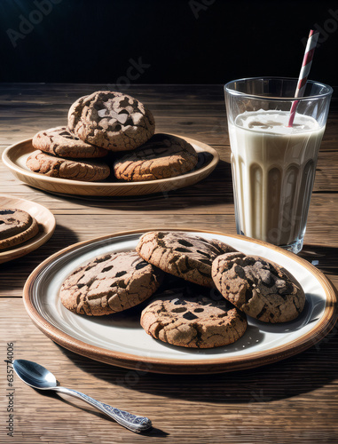 Photo chocolate oatmeal chip cookies with milk on the rustic wooden table