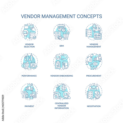 2D editable icons set representing vendor management concepts, isolated vector, thin line blue illustration.