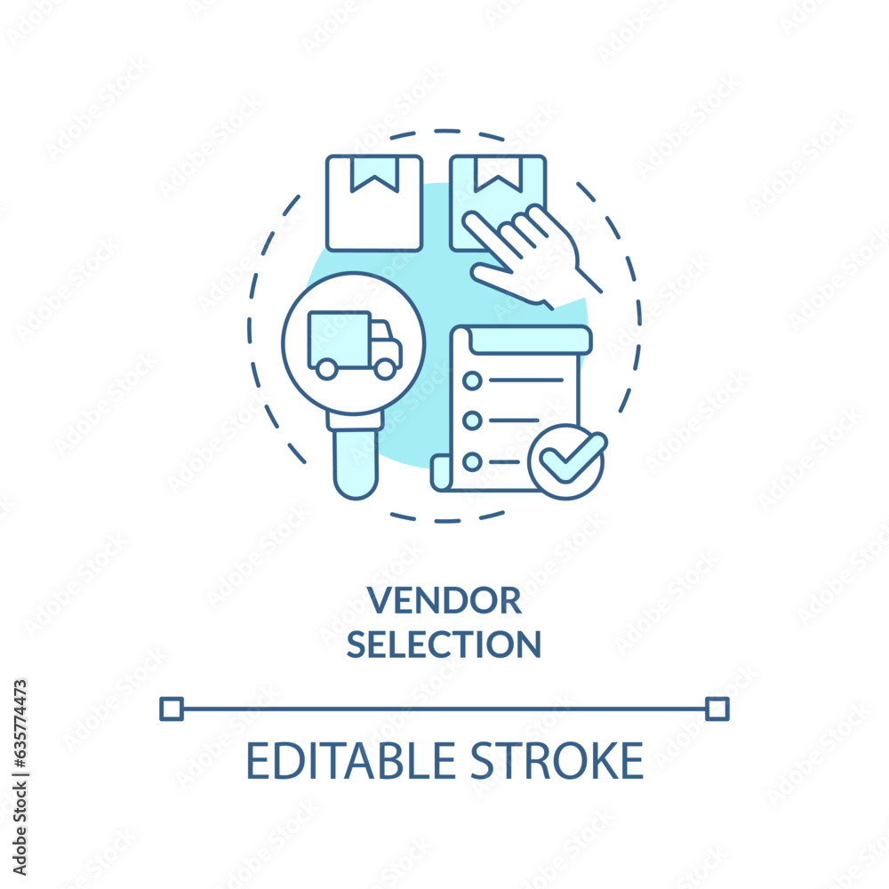 2D editable vendor selection thin line icon concept, isolated vector, blue illustration representing vendor management. 2D editable vendor selection thin line icon concept, isolated vector, blue illustration representing vendor management.