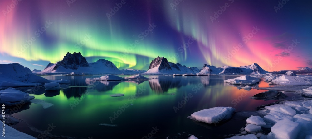 North lights aurora arctic landscape night background. Generative AI technology.