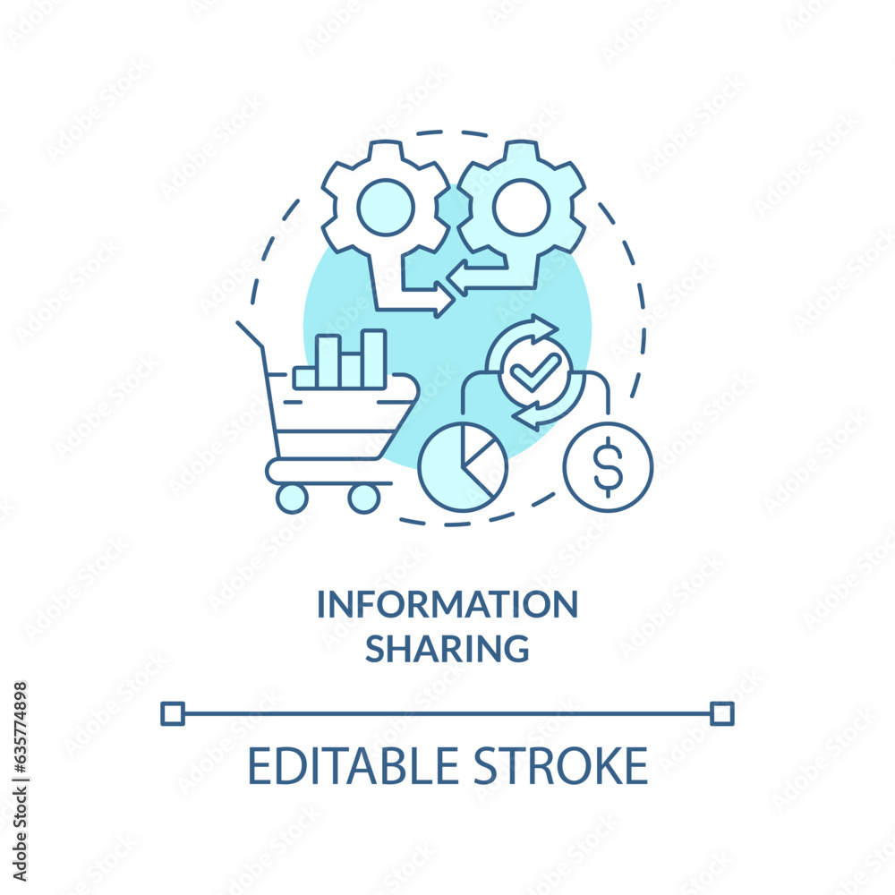 2D editable information sharing thin line icon concept, isolated vector, blue illustration representing vendor management. 2D editable information sharing thin line icon concept, isolated vector, blue illustration representing vendor management.