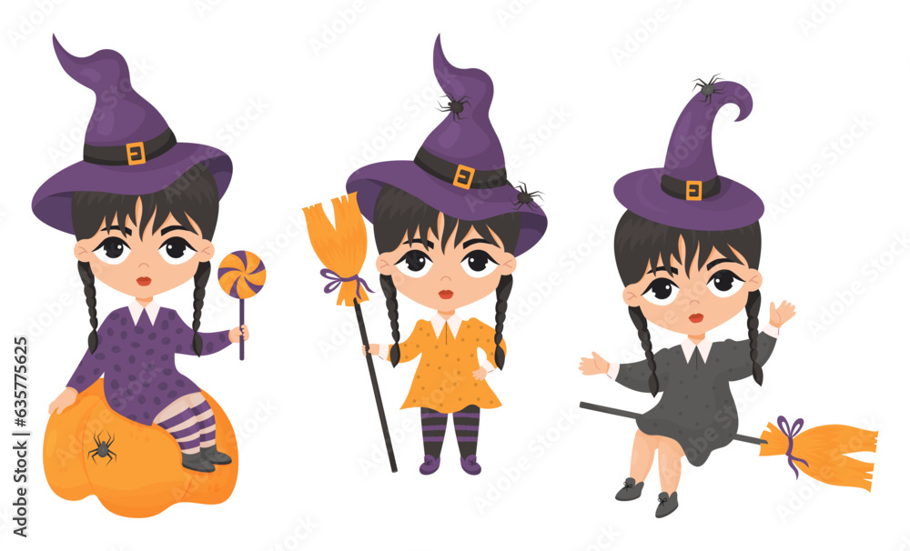 Halloween. Collection cute gothic witches with braids in witch hat with spider and broom, with pumpkin and lollipop candy. Vector illustration. Isolated characters in cartoon style. kids collection.