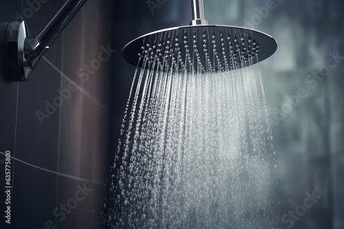Refreshing shower with water splash Water flowing from shower head and faucet in modern bathroom