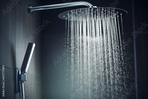 Refreshing shower with water splash Water flowing from shower head and faucet in modern bathroom