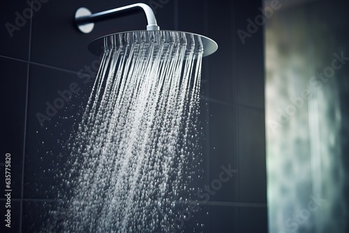Refreshing shower with water splash Water flowing from shower head and faucet in modern bathroom