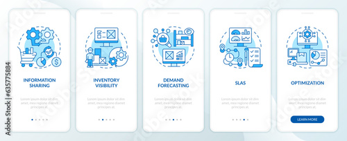 2D icons representing vendor management mobile app screen set. Walkthrough 5 steps blue graphic instructions with line icons concept, UI, UX, GUI template.