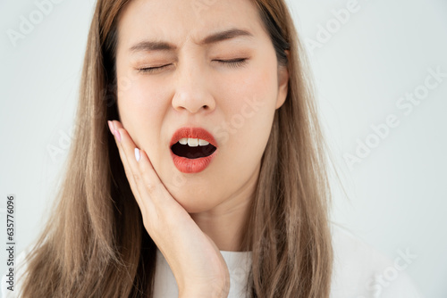 Asian woman feel toothache from gingivitis, female suffer tooth, decay problems, dental care. sensitive tooth, decay problem, bad breath, Gingival Recession, Oral Hygiene instruction, tooth extraction