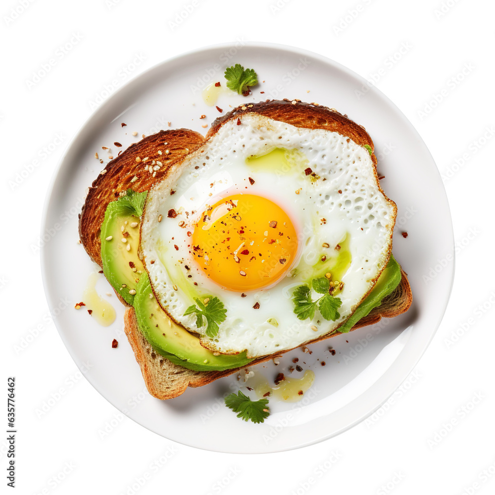 Plate of Avocado Toast with a Fried Egg Isolated on a Transparent Background, png Plate of Avocado Toast with a Fried Egg Isolated on a Transparent Background, png