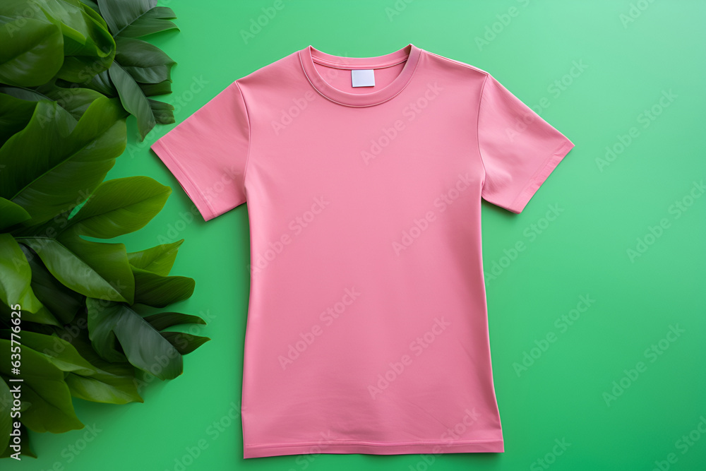 Minimalistic T-shirt on a background in a pink-green palette. With Generative AI technology Minimalistic T-shirt on a background in a pink-green palette. With Generative AI technology