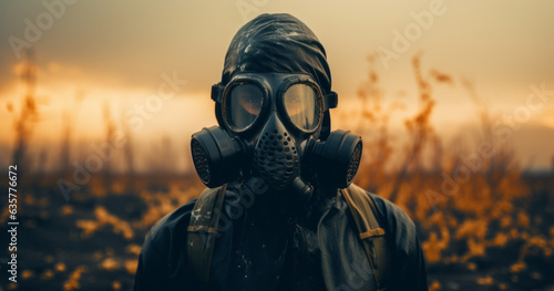 A man in a gas mask in a chemical protective suit shrouded in smoke is walking in a dangerous radioactive zone. A Stalker soldier. Post-Apocalypse. Nuclear war. Environmental disaster. Generative AI.