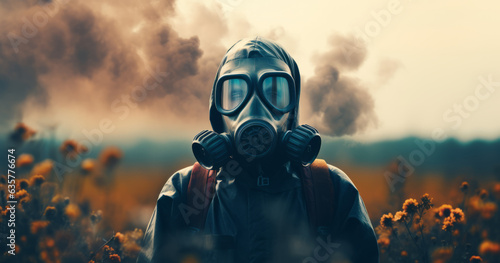A man in a gas mask in a chemical protective suit shrouded in smoke is walking in a dangerous radioactive zone. A Stalker soldier. Post-Apocalypse. Nuclear war. Environmental disaster. Generative AI.