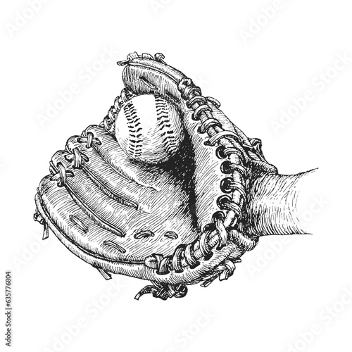 Baseball glove and ball, vector hand drawn sketch