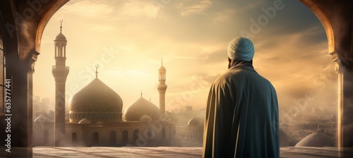 Muslim imam looking at beautiful mosque. Islam religion concept. Generative AI.	
 photo
