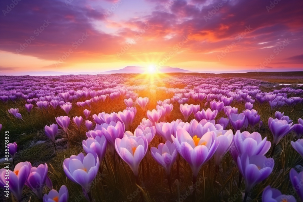 field of crocus flower at sunset
