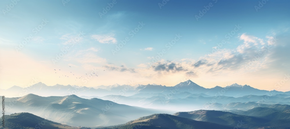 Morning mountains nature panoramic landscape background. Generative AI technology. Morning mountains nature panoramic landscape background. Generative AI technology.