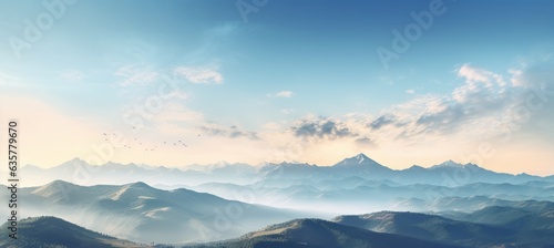 Morning mountains nature panoramic landscape background. Generative AI technology. 