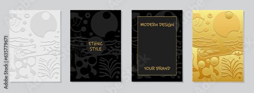 Cover set, vertical templates. A collection of exotic backgrounds with a tribal relief 3D pattern in the style of modernism, minimalism. Ethno culture of the peoples of the East, Asia, India, Mexico, 