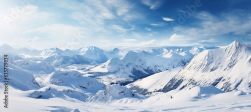 Snow covered mountains valley background. Generative AI technology. © Hero Design