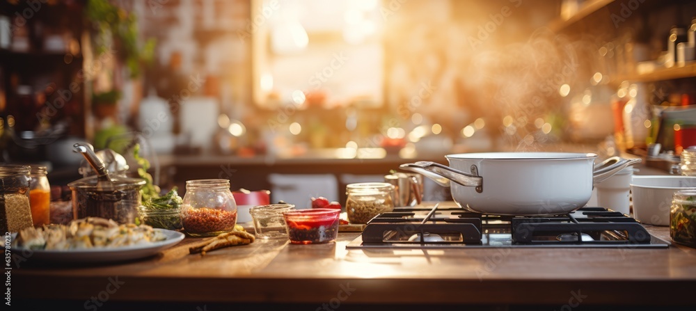 Fototapeta premium Food cooking at kitchen. Generative AI technology.