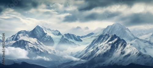 Panoramic snow mountains landscape background. Generative AI technology. © Hero Design