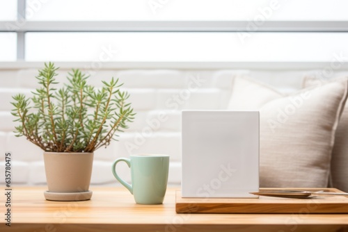 Clean mockup for with a table and a few plants with a white wall in the background. Generative AI.
