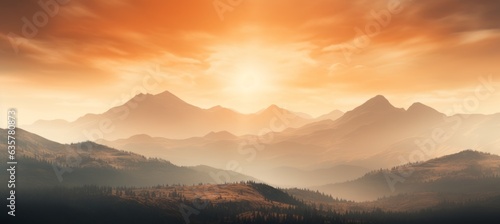 Misty sunrise mountains landscape background. Generative AI technology.