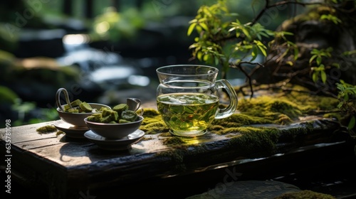 Flowing water, moss on stones, green leaves, transparent teacups Pale yellow tea photo