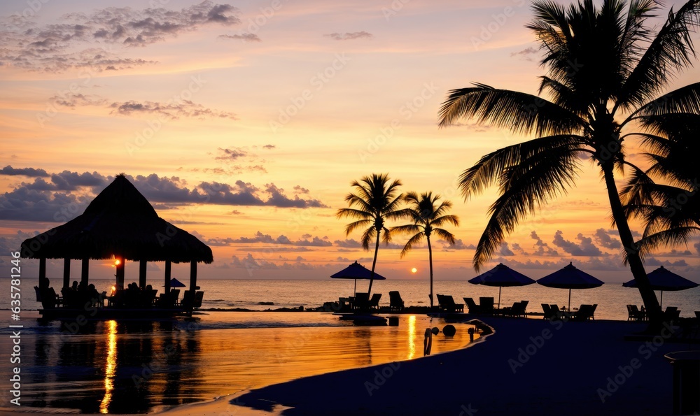 Bar/Restaurant on the tropical beach at sunset