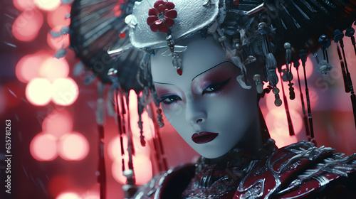 Photo of a geisha robot. Intricate details. Photorealistic portrait, close-up. photo