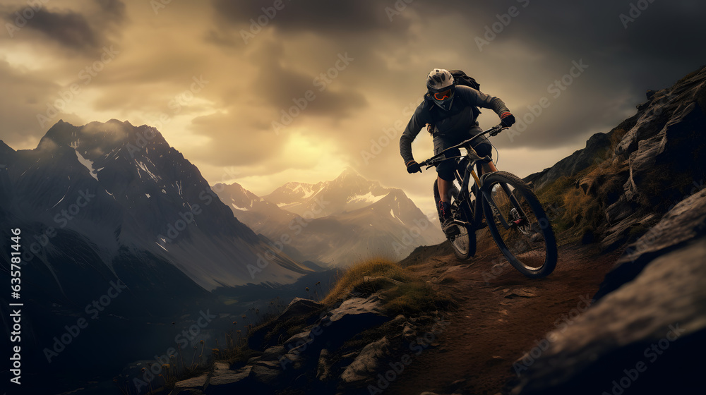 Passionate cyclist conquering a challenging mountain trail with his mountain bike surrounded by breathtaking natural scenery