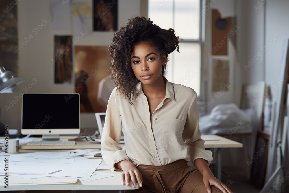 Young confident self motivated designer sitting behind her desk casual portrait Young confident self motivated designer sitting behind her desk casual portrait