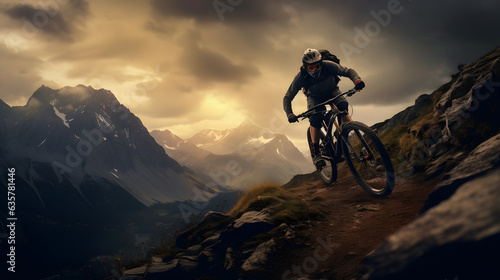 Passionate cyclist conquering a challenging mountain trail with his mountain bike surrounded by breathtaking natural scenery