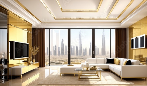 Modern millionaire billionaire mansion living room with Dubai city view. 3D Rendering, 3D Illustration © Digital AI Vault