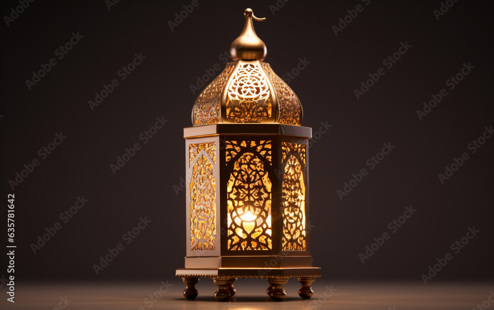 Side view golden lantern with candle lamp with arabic decoration arabesque design
