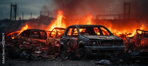Burned car chaos city background. Generative AI technology.