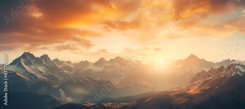 Sunrise mountains landscape background. Generative AI technology.