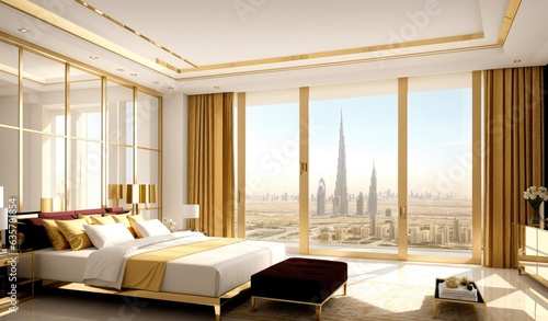 Modern millionaire billionaire mansion bed room with New York/Dubai city view