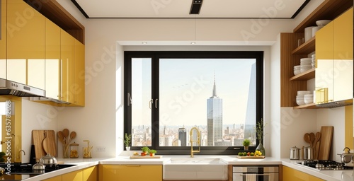 modern kitchen interior with city view