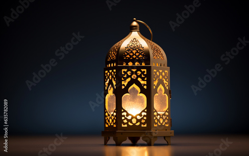 Side view golden lantern with candle lamp with arabic decoration arabesque design